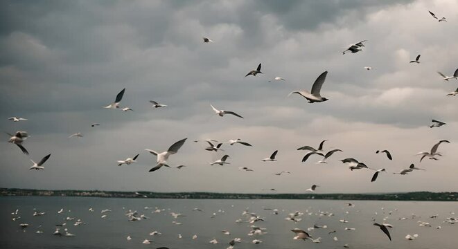 Many Seagulls flying in the sky.