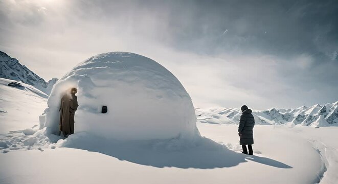 Eskimo next to an Igloo in the snow.