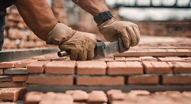 Placing bricks in a construction.