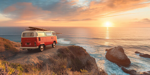 Vintage Red and White Camper Van Parked by Ocean Overlook at Sunset