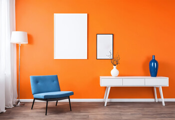 Blue orange design interior and mock up frame