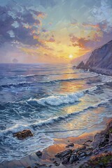 The serene beauty of a new day unfolds as dawn embraces a rugged coastline, waves murmuring softly in an oil-painted scene. - obrazy, fototapety, plakaty