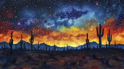 Poster Desert landscape under starry night sky, cacti silhouettes, painted with oil paints. © Kanisorn
