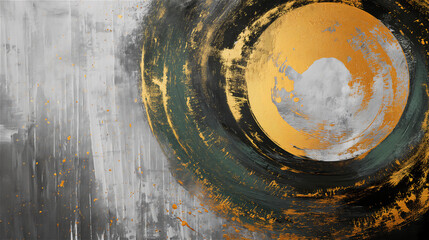 Abstract background, painted circle of gold and green paint.