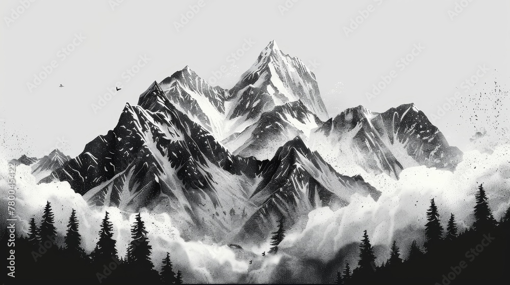Poster a mountain range with a few trees in the foreground. the mountains are covered in snow and the sky i