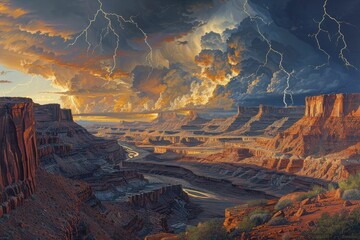 A breathtaking scene unfolds as oil paints capture the drama of a thunderstorm over a desert canyon, with lightning striking the rugged landscape.
