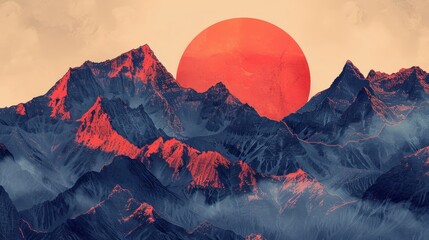 A mountain range with a red sun in the sky. The mountains are covered in snow and the sun is setting