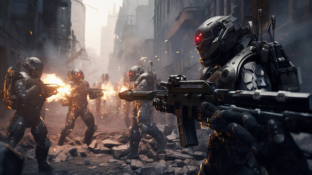 Robot amry fighting with each other, fully armed robots 
