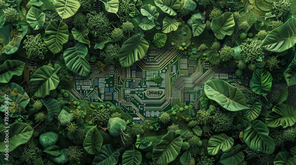 Poster a green leafy forest with a computer chip in the middle. the computer chip is surrounded by leaves a