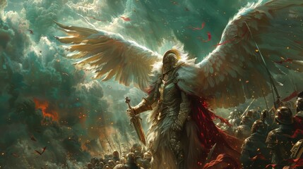 A painting of a warrior angel with a sword and a crown. The angel is surrounded by a group of soldiers, some of whom are holding swords. The mood of the painting is intense and dramatic
