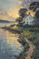 The tranquil coastal hamlet basked in the golden glow, capturing the essence of seaside serenity in vibrant oil strokes.