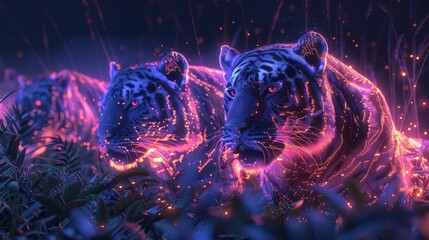 Two tigers are sitting in a forest with glowing eyes. Scene is mysterious and captivating