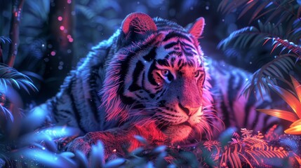 A tiger is laying in the jungle with a glowing red and blue background. The tiger is looking at the camera, and the scene has a dreamy, surreal feel to it - obrazy, fototapety, plakaty
