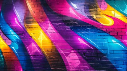 A colorful mural of a rainbow on a brick wall. The colors are bright and vibrant, creating a lively and energetic atmosphere. The mural seems to be a work of art, possibly created by a graffiti artist - obrazy, fototapety, plakaty