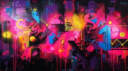 A colorful abstract painting with a lot of different shapes and lines. The painting is full of bright colors and has a lot of energy. It seems to be a representation of the chaos - obrazy, fototapety, plakaty