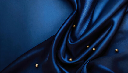 Dark blue silk satin background. Soft folds on shiny fabric. luxury background