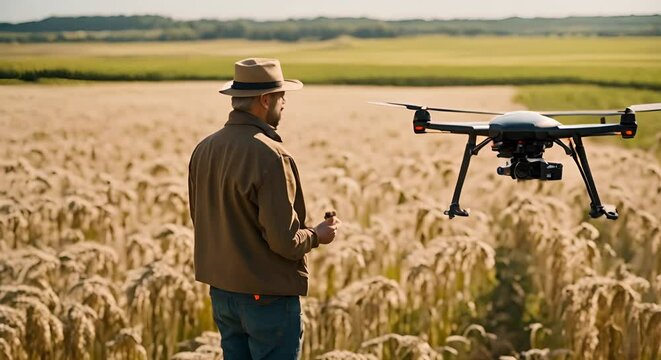 Farmer controlling the crop with a drone.