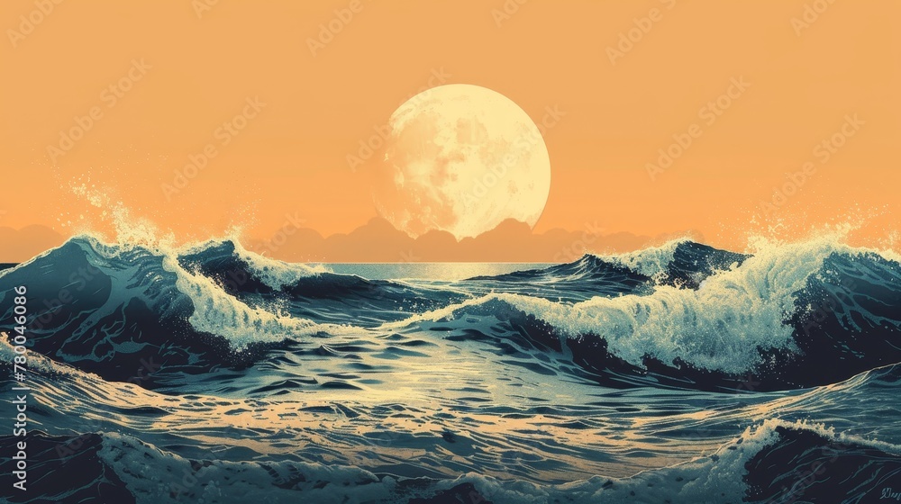 Poster a computer generated image of a moonlit ocean with waves crashing