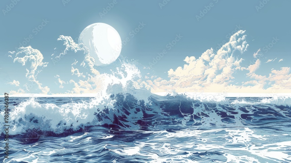 Poster a computer generated image of a wave crashing on a beach with a large white ball in the sky