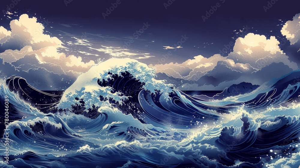 Poster a computer generated image of a large wave crashing on a rocky shore. scene is powerful and dramatic