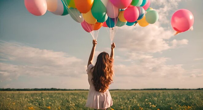 Woman with many colored balloons.