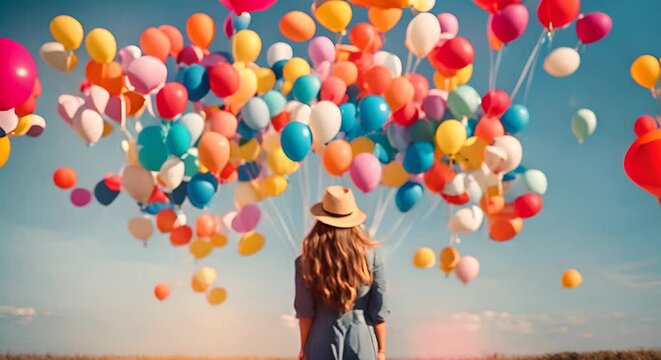 Woman with many colored balloons.