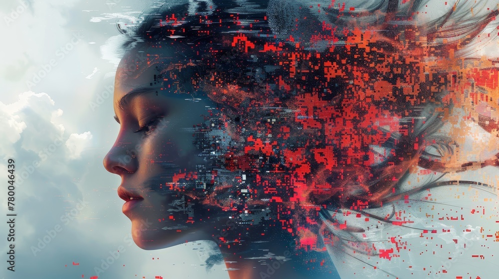 Poster a woman's face is shown in a distorted, pixelated way. the image is a representation of the idea of 