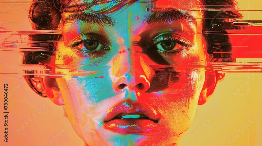 Aufkleber a woman's face is shown in a distorted, pixelated way. the image is a representation of the idea of 