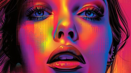 A woman's face is shown in a colorful, abstract style. The colors are bright and vibrant, giving the impression of a lively and energetic mood. The woman's eyes are large and captivating