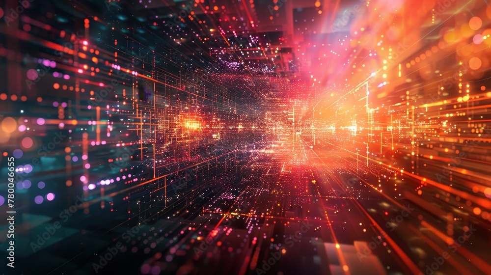 Poster a colorful, abstract image of a cityscape with bright lights and a sense of movement. the image is f