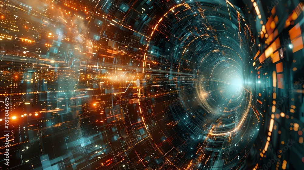 Poster a computer generated image of a tunnel with a bright blue light at the end. the tunnel is filled wit
