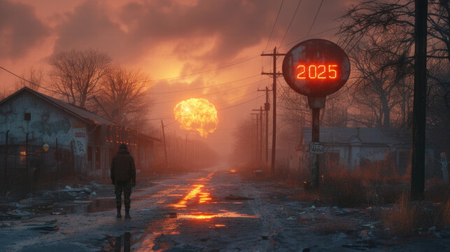A person walks down a street next to a stop sign as a nuclear explosion occurs in the background. - Powered by Adobe