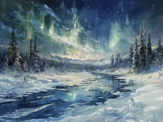 Schilderijen op glas An enchanting scene of the Northern lights dancing above an icy landscape and frozen river, captured with vibrant oil paints. © Kanisorn