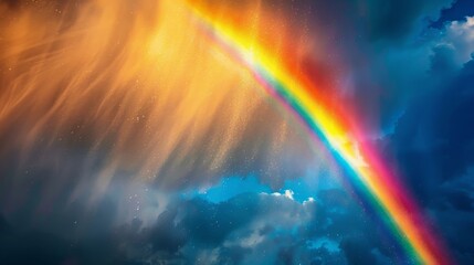 A rainbow is seen in the sky with a cloudy background. The rainbow is very bright and colorful, and it seems to be shining through the clouds. Scene is one of hope and positivity