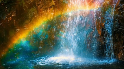 A waterfall with a rainbow in the background. The water is clear and the rainbow is bright and colorful