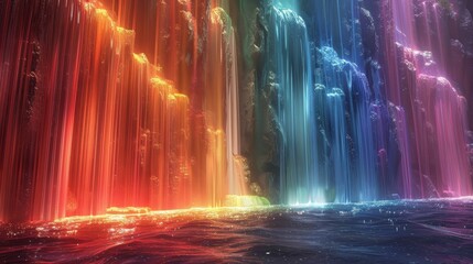 A colorful waterfall with a rainbow in the background. The water is flowing down the rocks and creating a beautiful scene