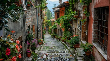 A narrow street lined with potted plants and flowers