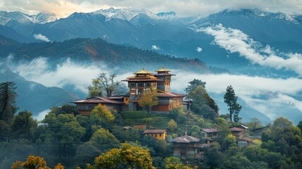 A mountain village with a large building in the middle. The building is surrounded by trees and houses. The sky is cloudy and the mountains are covered in snow - obrazy, fototapety, plakaty