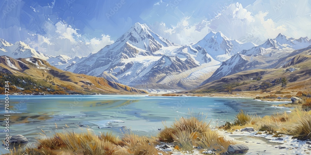 Sticker A serene landscape emerges as oil paints bring to life snow-capped mountains beside a crystal-clear blue lake.