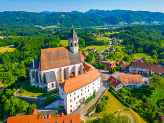 Aerial view of Basilica of the Virgin of Mercy at Ptujska Gora in Slovenia