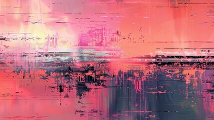 A painting of a cityscape with a pink and purple background. The painting is abstract and has a lot of texture. The mood of the painting is chaotic and disordered, with the buildings - obrazy, fototapety, plakaty