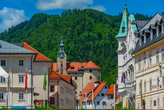 Street in the historical center of Idrija, Slovenia