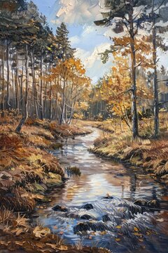 A tranquil river meanders through a fall forest, captured in vivid hues with oil paints.
