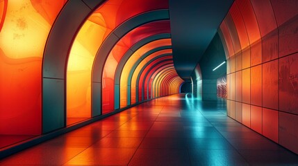 A long tunnel with colorful walls and a bright light shining down. The tunnel is empty and the walls are made of glass - obrazy, fototapety, plakaty