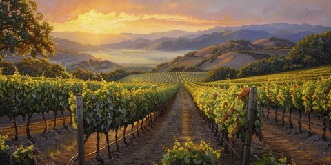 Sunrise over vineyard hills, mist rolling between rows, painted with oil paints. - obrazy, fototapety, plakaty