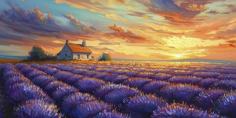 The tranquil scene of a lavender field at dusk, guiding the eye towards a lone farmhouse, captured in rich oil colors. - obrazy, fototapety, plakaty