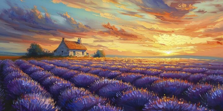 The tranquil scene of a lavender field at dusk, guiding the eye towards a lone farmhouse, captured in rich oil colors.