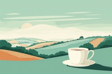 Peaceful morning tea overlooking rolling hills, minimalist countryside dawn illustration - 780047625