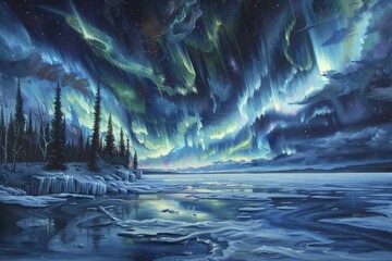 Witness the enchanting spectacle of the Northern Lights casting their ethereal glow upon a frozen lakescape, blending nature's magic with the night sky in rich oil hues.