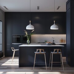 a kitchen with black cabinets and a white countertop
